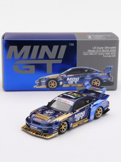 MGT01157 MINI GT 1:64 NISSAN LB-SUPER SILHOUETTE S15 SILVIA #555 TEAM MINI GT LIBERTY WALK 2025 FORMULA DRIFT – CHROME BLUE