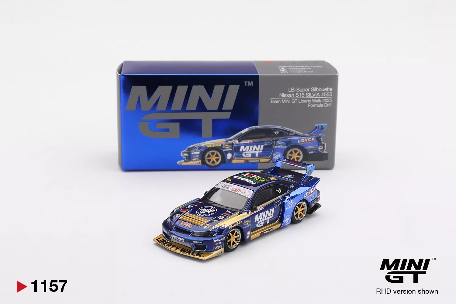 MGT01157 MINI GT 1:64 NISSAN LB-SUPER SILHOUETTE S15 SILVIA #555 TEAM MINI GT LIBERTY WALK 2025 FORMULA DRIFT – CHROME BLUE