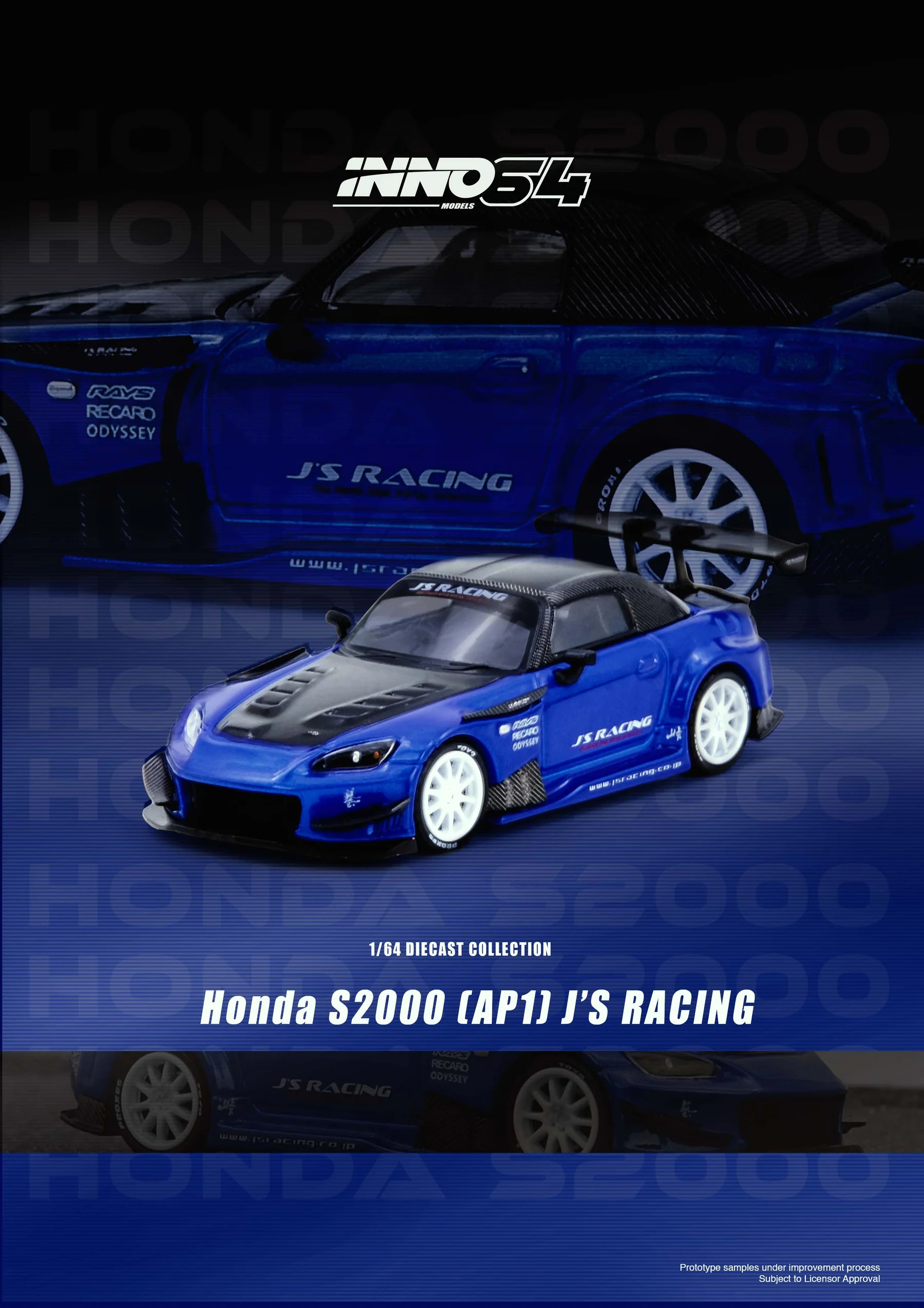 IN64-S2000JS-BLUE INNO64 1:64 HONDA S2000 J'S RACING BLUE