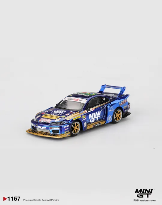 MINI GT 1:64 MGT01157 NISSAN LB-SUPER SILHOUETTE S15 SILVIA #555 TEAM MINI GT LIBERTY WALK 2025 FORMULA DRIFT – CHROME BLUE - Image 4