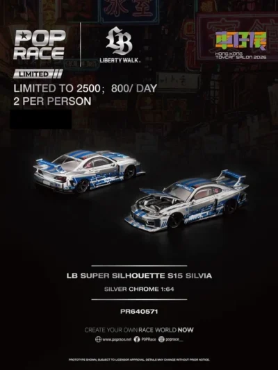 PR640569 POPRACE × HONG KONG TOYCAR SALON 2026 EXCLUSIVE 1:64 LB SUPER SILHOUETTE S15 SILVIA SILVER CHROME