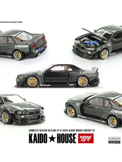 MINI GT 1:64 KHMG222 NISSAN SKYLINE GT-R (R34) KAIDO WORKS GREDDY V2 – BLACK WITH CARBON