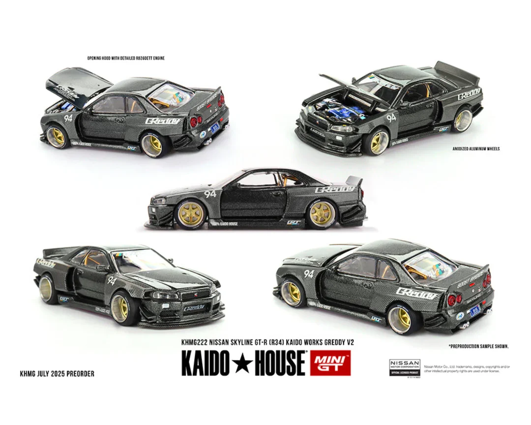 MINI GT 1:64 KHMG222 NISSAN SKYLINE GT-R (R34) KAIDO WORKS GREDDY V2 – BLACK WITH CARBON