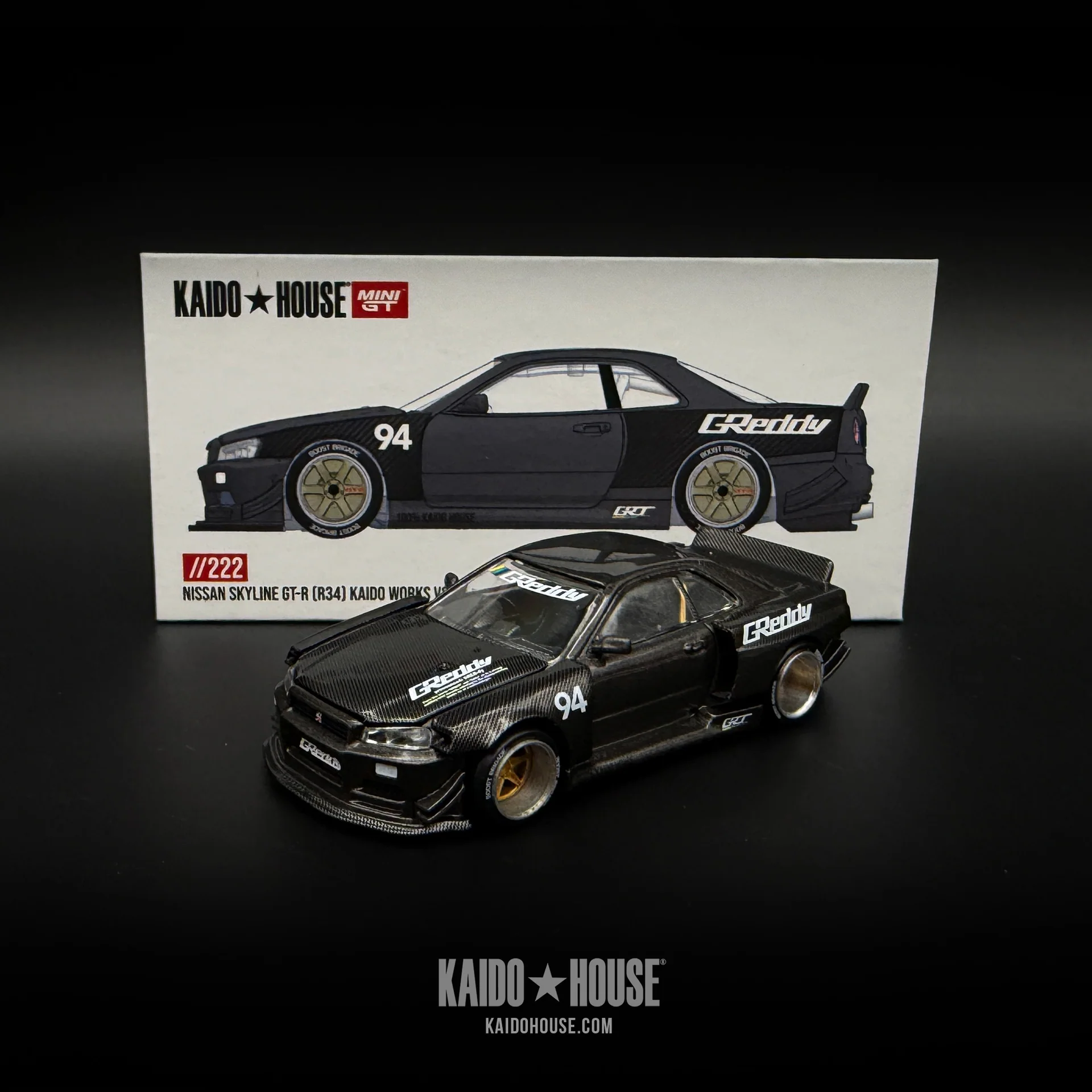 MINI GT 1:64 KHMG222 NISSAN SKYLINE GT-R (R34) KAIDO WORKS GREDDY V2 – BLACK WITH CARBON