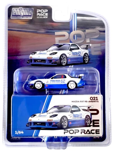 PRE021 POPRACE 1:64 MAZDA RX-7 RE-AMEMIYA WHITE/BLUE – ENIGMA EXCLUSIVE EDITION